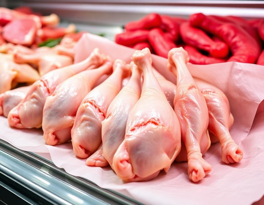 Fresh chicken legs and wings in a clean grocery poultry case